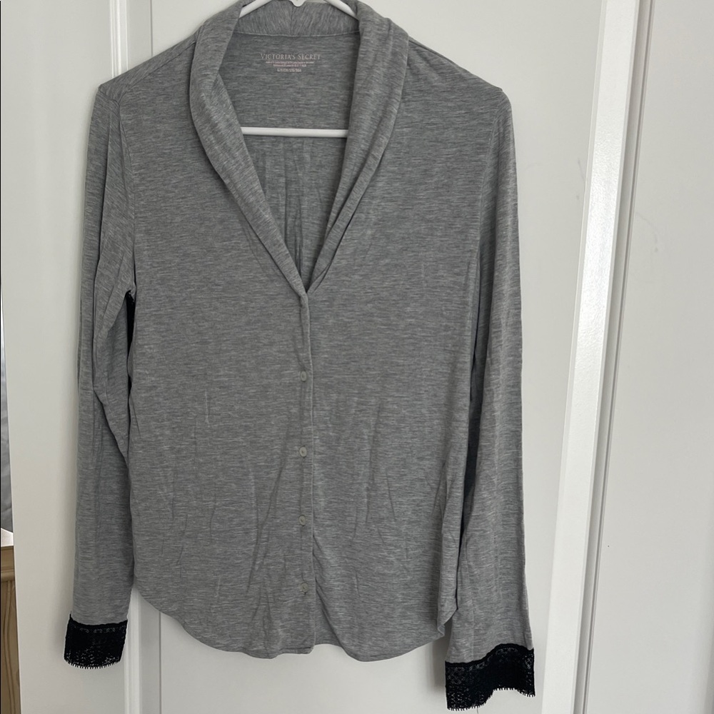 Victoria's Secret Gray Blouse with Black Lace Trim